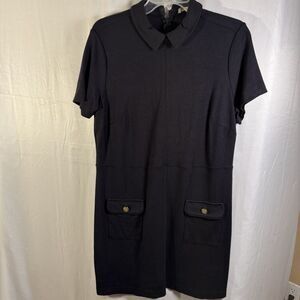 LOFT Black Short Sleeve Polo Collar Large Shift Dress Faux Pockets Casual Work